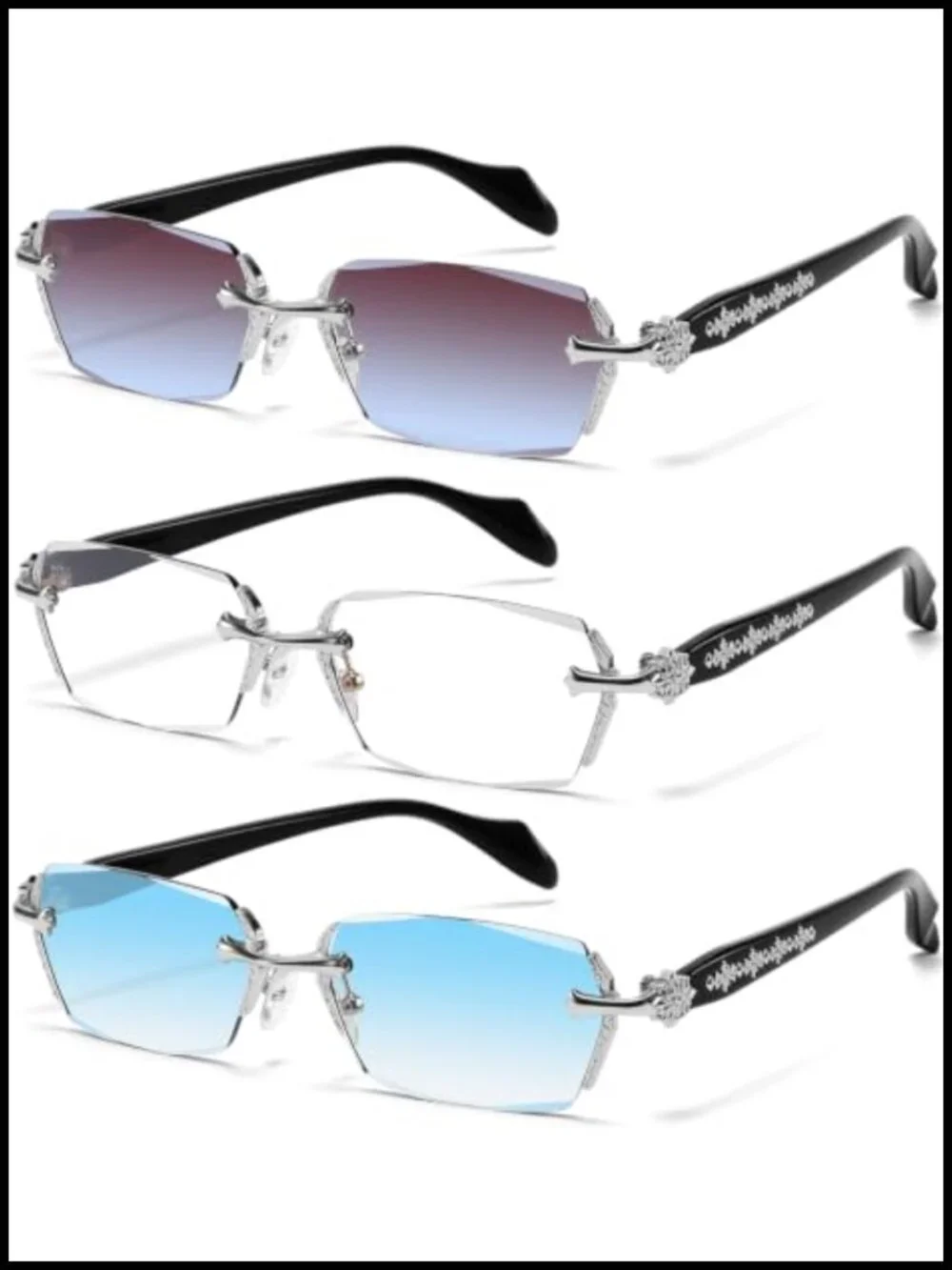 Rimless Diamond-Cut Lens Sunglasses with Metal Pattern Inlay